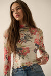 Floral-Print Mesh Mock-Neck Thumbhole Top: CREAM / L