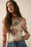 Floral-Print Mesh Mock-Neck Thumbhole Top: CREAM / S