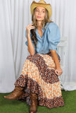Patchwork Floral Print Bohemian-Inspired Maxi Skirt VS83041B: Orange / S
