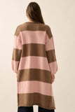 Striped Knit Open-Front Duster Pocket Cardigan: Black-Taupe / L