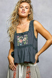 Double Gauze Floral Shirring Square Neck Sleeveless Top: OFF WHITE / S