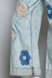Floral Patchwork Rolled-up Denim Straight Pants: DENIM / M