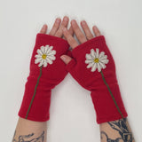 Fingerless Cashmere Gloves-Daisy: White on Rust / One Size Fits Most