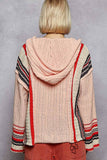 V neck striped pattern pocket detail chenille hoodie sweater: ALMOND / M