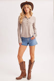 CROCHET PATCH SLEEVED HALF BUTTON ROUND NECK TOP: IVORY / M