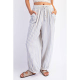 STRIPE SOFT WASH LINEN BLENDED PANTS: Black/Natural / S-M-L(2-2-2)