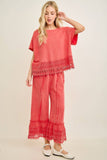 Mineral Washed Delicate lace trim hem Cropped Pants HP7236: HotCocoa / S-M-L / 2-2-2