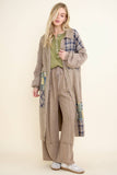 Mineral Washed Boho Plaid Patched Long Fall Jacket HT6861: Charcoal / S-M-L / 2-2-2