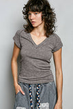 Vintage Wash V Neck Cotton Slim Fit Tee Top: CHARCOAL / L