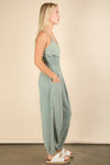 NP70837-Mineral Washed Cotton Gauze Casual Jumpsuit: SAGE / S-M-L/2-2-2