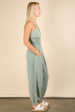 NP70837-Mineral Washed Cotton Gauze Casual Jumpsuit: SAGE / S-M-L/2-2-2
