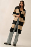 Striped Knit Open-Front Duster Pocket Cardigan: Black-Taupe / L