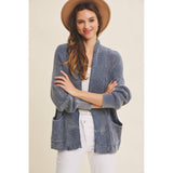 MINERAL-WASHED OPEN FRONT COTTON SWEATER CARDIGAN: ANTIQUE WINE / S