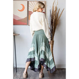 WASHED TIERED SMOCKED WAIST FLARE HEM SKIRT: SAGE / S-M-L-XL(2-2-2-2)
