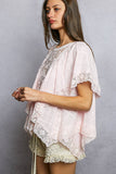 Lace Trim V Ruffle Detail Textured Woven Short Sleeve Top: ALMOND / M