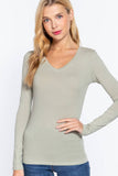 Basic Solid Long Sleeve V Neck Top: DEEP JUNGLE / 2-2-2 (S-M-L)