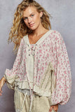 V neck balloon sleeve floral ruffle woven printed top: PINK MULTI / L