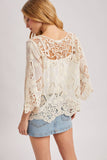 BOHO SHEER CROCHET 3/4 SLEEVED TOP WITH NO LINING: NATURAL / M