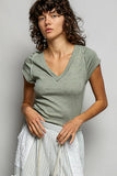 Vintage Wash V Neck Cotton Slim Fit Tee Top: HERB / S