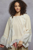 3/4 sleeve double gauze eyelet patch trim woven solid top: NATURAL / L