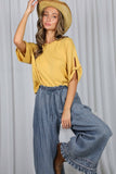 Flared Ruffle Hem Washed Chambray Crop Denim Pants VP83186: Washed Denim / S