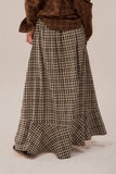 Woven Plaid Button-Front Ruffle-Hem Drawstring Maxi Skirt: Chocolate / L