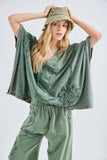 Mineral Washed Doily Boho Pancho Vneck top HT6680: Ashed Black