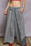 Contrast buckle back detail floral trim down woven pants: STRIPE DENIM / L