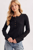 CROCHET PATCH SLEEVED HALF BUTTON ROUND NECK TOP: MUSHROOM / L