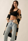 Striped Knit Open-Front Duster Pocket Cardigan: Black-Taupe / L