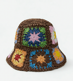 Granny Square Sun Hat Floral Straw Bucket Hat: CYellow / M