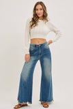 MID-RISE WIDE-LEG FRAYED HEM DENIM JEANS: DENIM BLUE / Contemporary / S