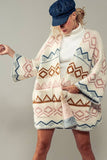 Western Geometric Mountain Pattern Oversized Knit Cardigan: IVORY