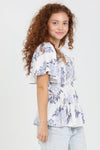 C2192-HL60 V NECK SMOCKED BUST HALF SLEEVE FLORAL TOP: M