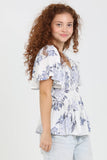 C2192-HL60 V NECK SMOCKED BUST HALF SLEEVE FLORAL TOP: L