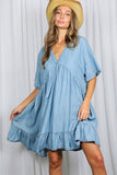 V-Neck 100%Tencel Chambray Tiered Dress VD81038A: Light Denim / L