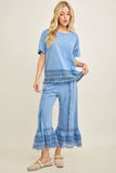 Mineral Washed Delicate lace trim hem Cropped Pants HP7236: HotCocoa / S-M-L / 2-2-2