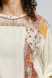 Long sleeve double gauze printed woven contrast top: CREAM / L