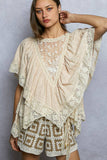 Lace Trim V Ruffle Detail Textured Woven Short Sleeve Top: ALMOND / S
