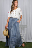 Ruffle Frayed Hem Chambray Casual Western Maxi Skirt VS83151: Washed Denim / M