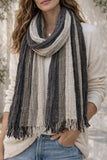 JC021036 Soft Crinkle Textured Multi-Tone Stripe Scarf Wrap with Raw Edge Fringe: Gray-Multi