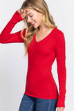 Basic Solid Long Sleeve V Neck Top: MOCHA MOUSSE / 2-2-2 (S-M-L)