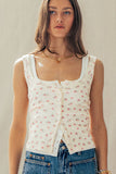 Ribbed Cotton Button-Front Picot Trim Tank: PINK FL / S-2/M-2/L-2
