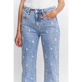 HIGH RISE STRAIGHT LEG WITH EMBROIDERY JEANS: MID BLUE / 29