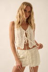 Pointelle Crochet-Knit Tie-Front Tank Top: CREAM / M