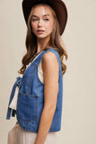 Denim Tie-Front Vest: Washed Cobalt / M
