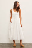 BASQUE WAIST FRAYED EDGE TIERED DRESS: OFF WHITE / S