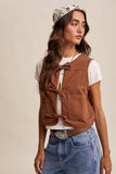 Colored Denim Tie-Front Vest LVT018: Mocha / M