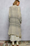 V-Neck Solid Stripe Linen Long Sleeve Cardigan: NATURAL MULTI / L