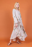Flowy floral linen dress with 2 pockets 14945: 100% linen / Brown / One size